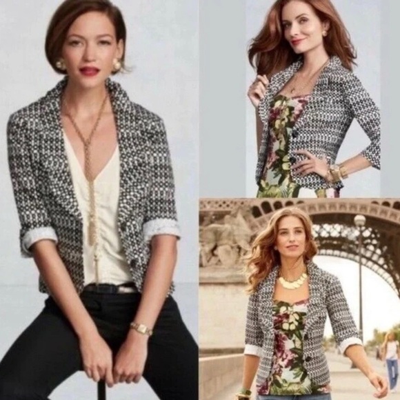 NWOT CAbi Jacket Womens Sz 4 Black White Stretch ¾ Sleeve DU JOUR Cropped Blazer - Picture 1 of 16
